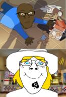 black_skin blue_eyes clothes eyelashes female femjak glasses hair hat irl_background looking_at_you mcdonalds queen_of_spades smile soyjak subvariant:bridget variant:bernd variant:feraljak variant:gapejak yellow_hair // 457x671 // 361.6KB