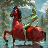 amphibian artistic_nudity frog green_skin horse horseback_riding mane meta:ai_generated meta:not_oc mountain naked nas:pepe nature nipple painting pepe pepe_the_frog reflection river skinny sky tree water // 1280x1280 // 2.3MB