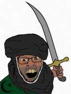 angry arab brown_eyes brown_skin curved_sword glasses holding_sword islam looking_at_you mudslime pisslam rotten_teeth sandnigger star_and_crescent stubble t50_eyes variant:feraljak // 1169x1550 // 2.0MB