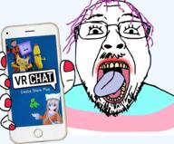 glasses hair mustache open_mouth phone purple_hair soyjak stubble tongue tranny variant:bernd video_game vrchat yellow_teeth // 921x763 // 455.6KB