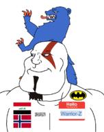 Warrior-Z(user) afghanistan animal arabic_text aryan batman batman_(series) bear beard blue_eyes buff buskerud closed_mouth county flag flag:buskerud flag:iraq flag:norway flag:taliban goatee god_of_war hair hello_my_name_is_(sticker) iraq kratos norway shahada smile soyjak subvariant:mexiaryan taliban teeth text tongue variant:meximutt video_game // 886x1120 // 136.0KB