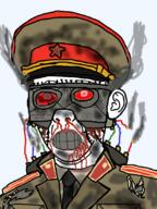blood clenched_teeth clothes collar_tabs communism cyborg cyrillic_text dead dirty_clothes ear epaulettes fire hammer_and_sickle hat kgb kuz military_uniform necktie neutral nosebleed open_mouth red_eyes robot smoke soviet_army_uniform soyjak star uniform variant:kuzjak wires // 810x1080 // 619.5KB