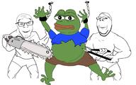 2soyjaks amphibian arm chainsaw closed_mouth clothes frog full_body glasses hand hanging holding_chainsaw holding_object leg nas:pepe pepe pepe_the_frog smile soyjak stubble subvariant:wholesome_soyjak tshirt underpants variant:feraljak variant:gapejak // 5554x3472 // 588.0KB