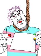anhero balding bloodshot_eyes closed_mouth glasses hand hanging holding_object noose rope sign soyjak stubble suicide template tranny transgender_flag variant:nuplier // 676x913 // 88.6KB