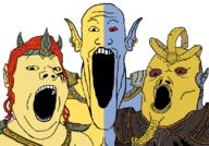 3soyjaks almalexia armor chimer clothes dunmer ear elf hair open_mouth pointy_ears sotha_sil soyjak the_elder_scrolls the_elder_scrolls_iii:_morrowind trend:soyjak_trio tribunal variant:gapejak variant:markiplier_soyjak variant:tony_soprano_soyjak video_game vivec // 828x576 // 165.8KB