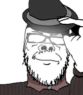 atheism clothes collar fedora glasses glowing glowing_glasses grab hat shadow smirk smug striped_clothing variant:a24_slowburn_soyjak // 454x520 // 16.5KB