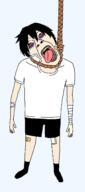 ack anime bandage bloodshot_eyes clothes crying full_body glasses grey_skin hair hanging lee_hooni mustache open_mouth patch rope shorts soyjak stubble suicide suicide_boy tshirt variant:bernd yellow_teeth // 1197x2709 // 78.1KB
