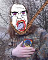 arm balding bloodshot_eyes camouflage crying ear flecktarn_pattern gay glasses hair hanging hohol irl irl_background long_hair meta:tagme military_uniform nature nazism oink open_mouth pride_flag russo_ukrainian_war skull_and_bones soyjak stubble subvariant:chudjak_front tongue ukraine variant:chudjak yellow_teeth // 1080x1350 // 2.3MB