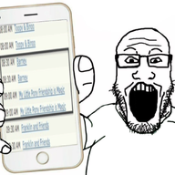 barneyfag clothes glasses hand holding_object holding_phone iphone lee_goldson my_little_pony open_mouth phone soyjak stubble subvariant:phoneplier subvariant:phoneplier_vertical text tshirt variant:markiplier_soyjak // 1568x882 // 794.6KB