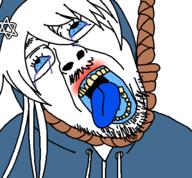 bloodshot_eyes blue_sclera blue_tongue clothes crying funamusea glasses hair hanging hoodie killkill open_mouth rope star_of_david stubble tranny variant:bernd white_background white_hair // 450x417 // 22.2KB