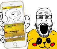 card cheeks clothes glasses holding_object holding_phone iphone open_mouth phone pikachu pokemon pokemon_tcg soyjak stubble subvariant:phoneplier subvariant:phoneplier_vertical tshirt variant:markiplier_soyjak wojak // 680x593 // 392.7KB