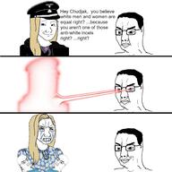 5soyjaks closed_mouth frown glasses laser laser_eyes naxi nazism smile subvariant:trad_wife text variant:chudjak variant:wojak // 1400x1400 // 174.1KB