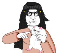 angry animal arm beanie blush closed_mouth clothes ear female frown glasses hair hand hat holding_object leg mouse necklace pointing punisher_face soyjak variant:soytan // 646x598 // 27.9KB
