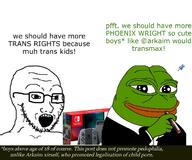 'p ace_attorney arkaim_(namefag) arkaim_(tranny) cigar femboy frog nintendo pedophile pepe pheonix_wright phoenix_wright soyboy transmaxxing variant:soyak video_game // 633x529 // 157.7KB
