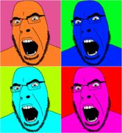 4soyjaks angry art blue_skin cyan_skin glasses hair looking_to_the_left open_mouth orange_skin pink_skin soyjak stubble teeth thick_eyebrows variant:cobson // 1454x1590 // 99.6KB