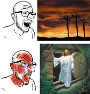 2soyjaks arm beard blood blood_spray bloodshot_eyes broken_teeth christian_identity christianity clothes crucifixion crying dismas ear foot gestas glasses hair hand jesus jesus_christ jewish_nose judaism kike nose plant seethe seething soyjakthe_ teeth tree variant:esam vein water white_skin yellow_teeth // 2304x2399 // 925.5KB