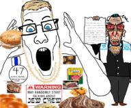 angry aryan babka badge bagel blood bloodshot_eyes blue_eyes body_hair bread brown_skin challah chicken_noodle_soup clothes cream_cheese ear fish_and_chips food glasses hand hands_up hat hebrew_text holding_object hot_dog judaism kippah kosher latke medal open_mouth paper pastrami sandwich shoe soup stubble subvariant:euromutt subvariant:jewmutt suit talmud text variant:markiplier_soyjak variant:ppp warning yellow_hair yellow_teeth // 1500x1233 // 843.2KB