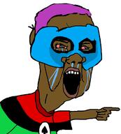 angry arm bbc bloodshot_eyes brown_skin clothes crying discord hand mask open_mouth pan_african pointing purple_hair queen_of_spades soyjak swastika tbp tshirt twp variant:chudjak // 685x762 // 51.6KB