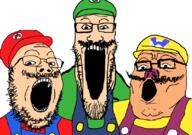 3soyjaks brown_skin cap clothes glasses hat luigi mario mustache nintendo open_mouth overalls soyjak stubble trend:soyjak_trio variant:gapejak variant:markiplier_soyjak variant:tony_soprano_soyjak video_game wario // 828x581 // 34.3KB