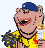 amerimutt belgium black_sclera brown_skin clothes ear flag:nato flanders fork french_fries hand holding_gun holding_object lips mayo military_beret mutt open_mouth soyjak stubble subvariant:impish_amerimutt transparent_background variant:impish_soyak_ears wallonia weapon yellow_shirt // 822x872 // 277.3KB