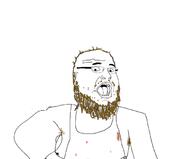 arm beard bloodshot_eyes brown_hair coomer glasses hair mustache open_mouth soyjak stubble variant:fatjak // 680x564 // 48.3KB