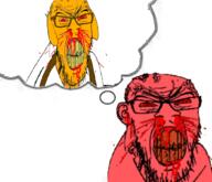 2soyjaks angry blood bloodshot_eyes clenched_teeth cracked_teeth dog ear glasses janny nosebleed red_skin soyjak stubble subvariant:feralrage thought_bubble variant:feraljak yellow_teeth // 1048x900 // 501.9KB
