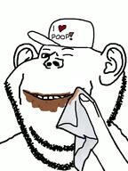 baseball_cap closed_mouth clothes coprophagia ear handkerchief hat heart i_love napkin poop smile soyjak stubble text variant:impish_soyak_ears wink // 595x795 // 81.3KB