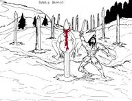 amphibian blood drawn_background frog full_body glasses hair impaled nas:pepe open_mouth pepe pepe_the_frog soyjak stubble sword variant:markiplier_soyjak // 1608x1231 // 106.7KB