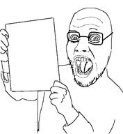 arm clothes glasses hand holding_object open_mouth soyjak stubble subvariant:cobson_holding_paper // 571x619 // 32.5KB