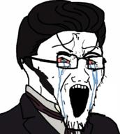 beard bloodshot_eyes clothes crying glasses hair max_stirner open_mouth soyjak stretched_mouth stubble variant:soyak // 1080x1205 // 497.3KB