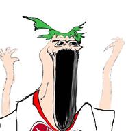 4chan anime arm beard clothes deformed glasses green_hair hair hand hands_up open_mouth soyjak stubble subvariant:wewjak variant:soyak yotsoyba // 706x737 // 73.3KB