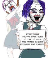 anime arm bloodshot_eyes clothes crazed crying dab danganronpa_(series) danganronpa_2:_goodbye_despair dead flag glasses hair hand hanging holding_object looking_down makeup mustache necklace open_mouth purple_hair rope sign sonia_nevermind soyjak stubble subvariant:crazed_troonjak subvariant:soyak_(crazed) suicide tongue tranny trans_rights variant:bernd variant:soyak video_game yellow_teeth // 431x485 // 310.5KB