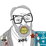 angry anti_nazi beard book bowtie button cat_in_the_hat clothes communism dr_seuss franklin_delano_roosevelt grey_hair gums hair lapel_pin nazism new_deal soviet_union suit teeth variant:feraljak yellow_teeth // 1628x1628 // 748.3KB