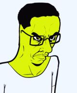 angry arm asian closed_mouth clothes glasses hair soyjak subvariant:chudjak_seething tshirt variant:chudjak yellow_skin // 456x547 // 69.3KB