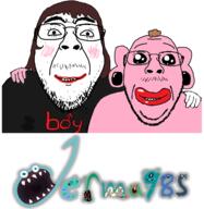 2soyjaks boymoder brown_hair closed_mouth ear glasses hair hand jerma985 makeup mustache oh_my_god_she_is_so_attractive pink_skin pooner smile soyjak stubble tranny variant:bernd // 1620x1660 // 1.0MB