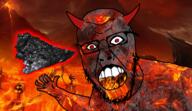 arm brimstone coal demon ear fire forehead_lines glasses hand hell horn lava nose open_mouth pentagram skeleton soyjak stubble teeth variant:yurjak volcano // 768x442 // 544.3KB