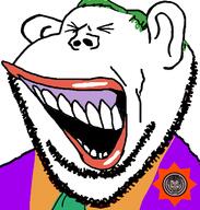 amerimutt batman_(series) closed_eyes clothes dc_comics ear green_hair hair joker_(dc) laughing open_mouth soyjak stubble subvariant:impish_amerimutt variant:impish_soyak_ears // 598x628 // 81.6KB