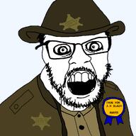 1930s 1931 artist:toniylijani award badge beard clothes cowboy_hat crazed deputy glasses hair hat jacket law open_mouth pete_seeger sheriff stubble teeth thug variant:feraljak which_side_are_you_on // 1025x1025 // 37.6KB