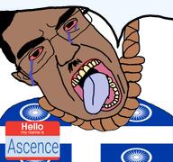 ack ascence_(user) bloodshot_eyes brown_skin crying dark_hair flag:quebec_india glasses hanging hello_my_name_is_(sticker) meta:namefags moustache mouth_open rope speech_bubble_empty subvariant:patrick text thick_eyebrows tongue variant:chudjak white_background wrinkles yellow_teeth // 768x719 // 339.8KB
