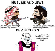ak-47 christianity crying fat islam israel judaism looking_at_each_other nordic_chad palestine priest variant:cryboy_soyjak war // 884x830 // 99.9KB