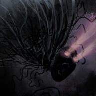 adverb_preposition_article_noun_preposition_noun album_cover artist:unknown eldritch glasses glowing_eyes horror monster music open_mouth tentacle variant:gapejak // 2048x2048 // 4.3MB