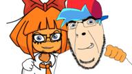 2soyjaks blue_eyes blue_hair bow boyfriend_(friday_night_funkin') friday_night_funkin' friendship glasses hugging mymy no_more_brother_wars ongezellig orange_hair orange_skin smile stubble variant:cobson variant:feraljak // 1920x1080 // 515.1KB