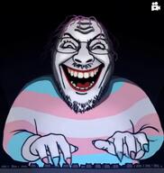 ai_generated evil ext=mp4 fingernail keyboard laughing lipstick meta:Not_OC pixverse_ai purple_hair screaming tranny transgender_flag troon troonella typing variant:bernd white_skin // 608x640, 5.3s // 959.1KB