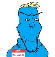 aryan blue_eyes blue_shirt blue_skin cleft_chin closed_mouth clothes coswork16_(namefag) hello_my_name_is_(sticker) hoodie looking_to_the_right smile soyjak stubble subvariant:euroaryan subvariant:euromutt thick_eyebrows variant:markiplier_soyjak white_background yellow_hair // 598x621 // 53.8KB