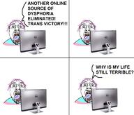 comic computer glasses hair monitor mustache open_mouth purple_hair soyjak speech_bubble stubble text tongue tranny variant:bernd yellow_teeth // 1974x1688 // 491.2KB