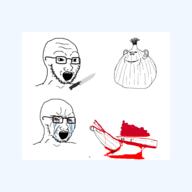 2soyjaks blood closed_mouth crying ear food glasses knife onion open_mouth smile soyjak stubble variant:impish_soyak_ears variant:soyak vegetable // 2300x2300 // 20.2MB