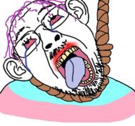 bloodshot_eyes clothes crying ear flag glasses hair hanging mustache open_mouth purple_hair rope soyjak stubble suicide tongue tranny variant:bernd yellow_teeth // 768x719 // 586.4KB