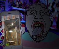 animal animated bant_(4chan) cat furry gif_(4chan) glasses holding_object holding_phone iphone open_mouth purple_hair sound soyjak soyjak_holding_phone stubble tanny tongue trаnnу variant:bernd video yellow_teeth // 920x762, 6.7s // 2.4MB