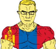 arm asian blue_eyes buff closed_mouth clothes flag:mongolia genghis_khan glasses hair mongolia soyjak subvariant:chudjak_front subvariant:muscular_chud tshirt variant:chudjak vein yellow_hair yellow_skin // 1059x929 // 86.7KB
