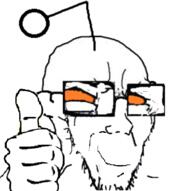 antenna closed_mouth ear glasses hand no_eyebrows open_mouth orange_eyes reddit smile smug soyjak stretched_mouth stubble thumbs_up variant:soyak zoomed // 600x598 // 117.8KB